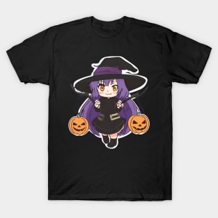 Witchcraft Chibi anime Character Design with Pumpkins Halloween concept T-Shirt